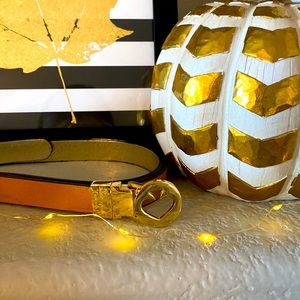 Kate Spade Gold Logo Tan and Gold Reversible Skinny Belt.